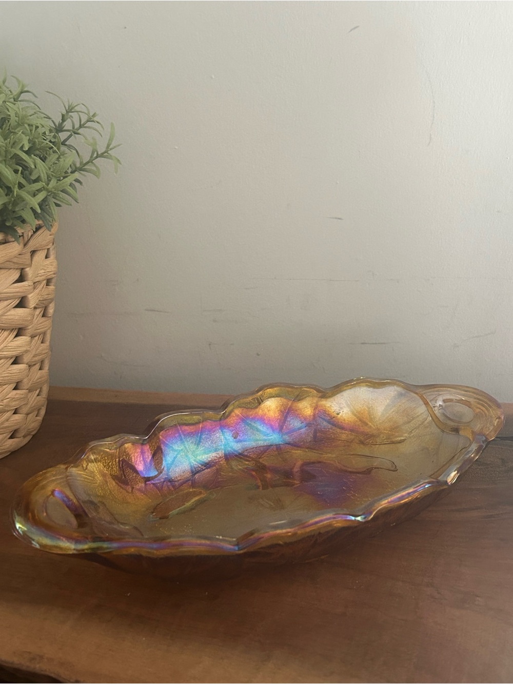 Vtg Indiana Glass Amber Marigold Carnival Glass Lily Pons Oval Pickle Dish